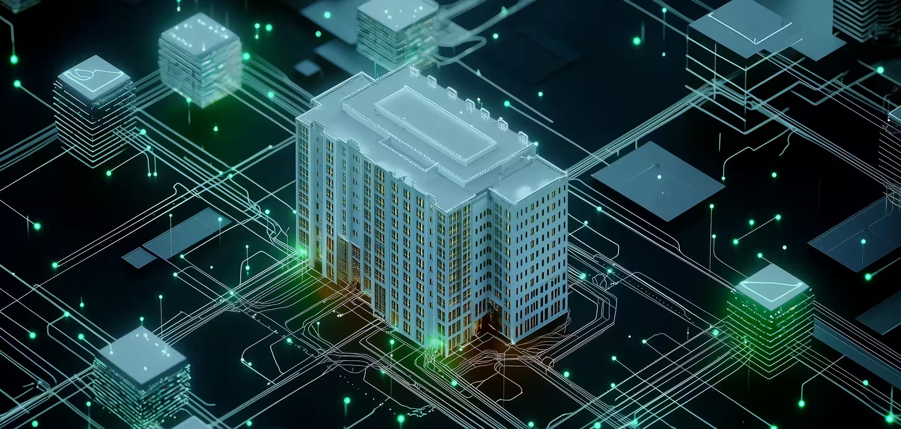 A hotel building wired into a glowing network of connections, representing HyperGuest's hotel distribution platform